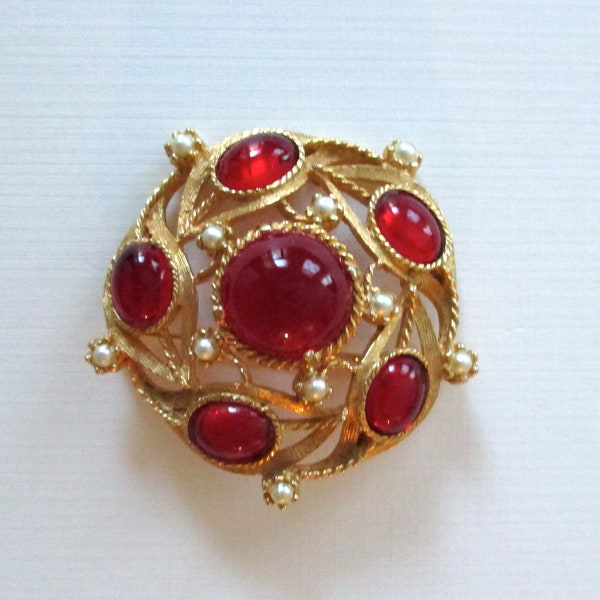 80s Bold Glamour Vintage Brooch with Red Cabochons and Pearl Accents ~ Red Glass