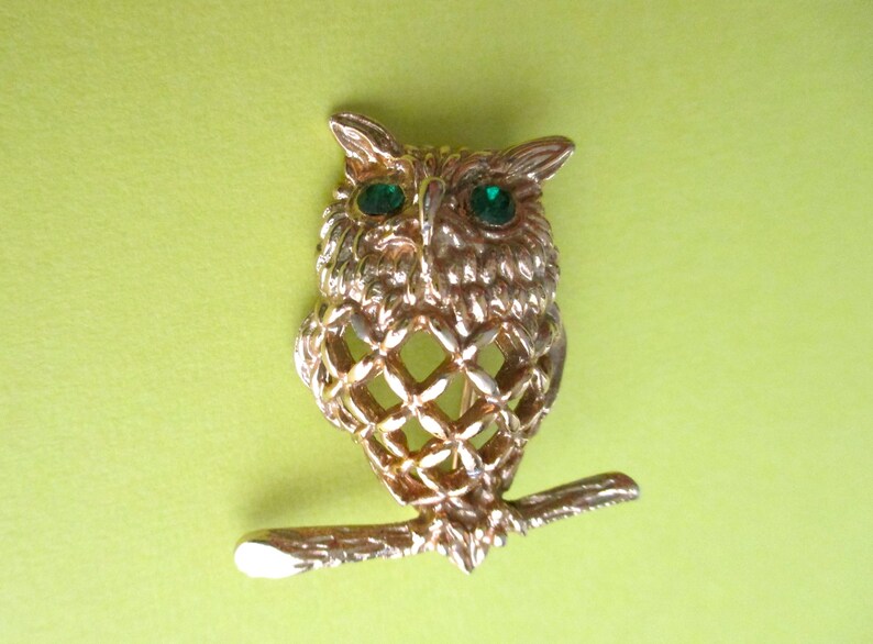 Owl Pin with Green Rhinestone Eyes
