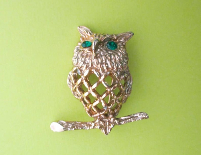 Owl Pin with Green Rhinestone Eyes