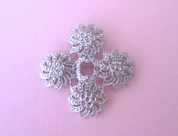 Vintage Sterling Silver and Marcasite Pin - Vinta… - image 1