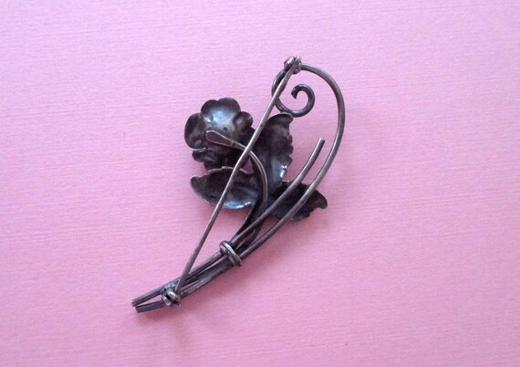 Vintage Sterling Silver Rose Pin - image 2