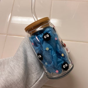 Soot Sprite Beer Can Coffee Glass Cup Anime Iced Coffee Gift Spirited Away Inspired 16 oz Soda Can with Straw and Lid