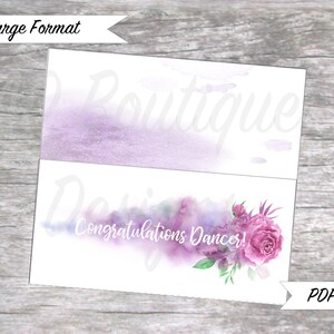 May include: Printable PDF card with a watercolor background in shades of purple and blue. The card features a bouquet of pink flowers and the text "Congratulations Dancers!"