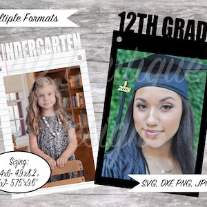 May include: A black and white printable photo frame design with the text "12th Grade" and "Kindergarten". The design includes a space for a photo and the text "Sizing: 4x6-4.9x8.2, 5x7-5.75x9.6" in a white circle. The design is on a woodgrain background. The file formats are listed as "SVG, DXF, PNG, JPG, PDF".