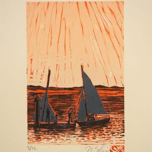 Derigging - original handmade linocut sailboat block print art