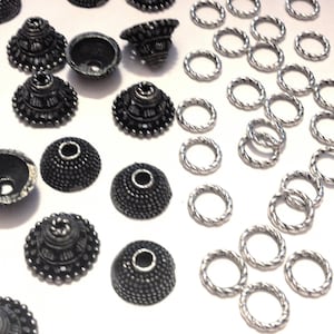 50 Pcs. Mixed Lot of 10 to 12-mm Antique Dark Silver Finish Metal Bead Caps and 8-mm Twisted Hollow Circle Spacers