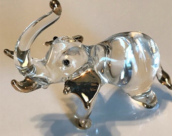 Miniature Elephant Figurine Hand Blown Clear Glass with 22K Gold Trim