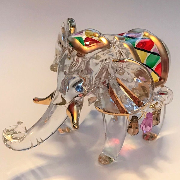 Exquisite Spun Glass Elephant Figurine With 13K Gold Accents!