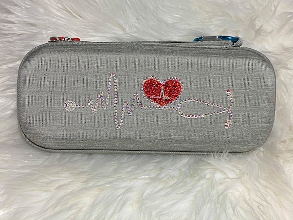 Grey Case Custom Heart Stethoscope Bling Case | Hard Carrying Bag | 3M Littmann | Stethoscope with Compartment | Mesh Pocket