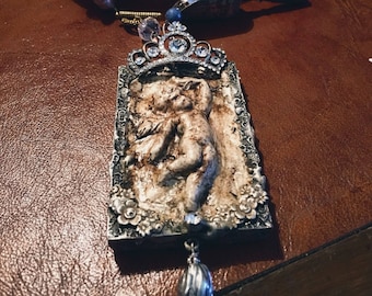 Short necklace with hard stones. Soldered pendant in silver alloy.Soldered jewelry#necklace#angel#clay#sacred#putto#cupido