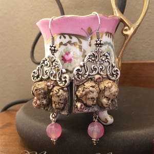 Earrings with hand-modeled angels soldered in silver alloy with semi-precious stonesSoldered jewelrysoldered earringsangelsacredclaycupid image 4