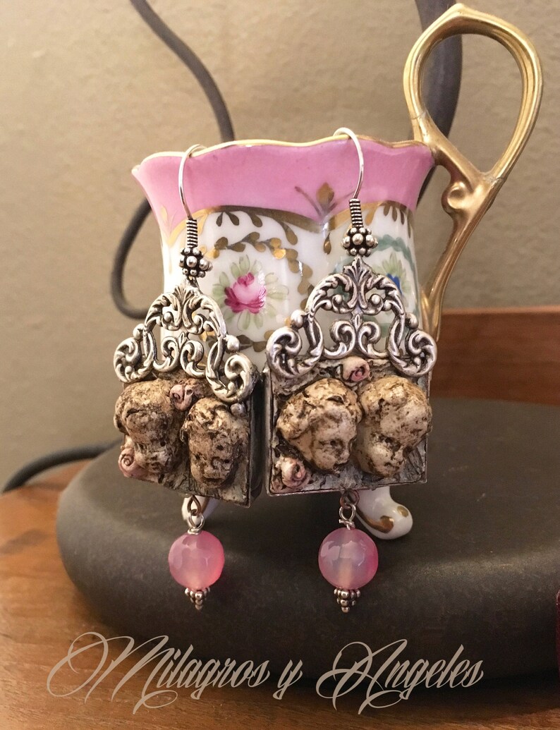 Earrings with hand-modeled angels soldered in silver alloy with semi-precious stonesSoldered jewelrysoldered earringsangelsacredclaycupid image 4