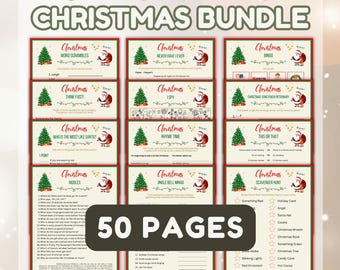 May include: A Christmas bundle with 37 games and 50 pages. The design features red-bordered cards with Christmas-themed graphics and text. The words "37-GAMES CHRISTMAS BUNDLE" and "50 PAGES" are prominently displayed.
