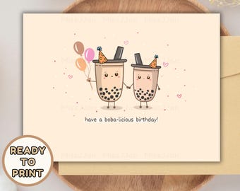 Kawaii Bubble Tea Birthday Card, Printable Boba Birthday Gift, Funny Boba Greeting Pun Card, Ready to Print, Instant PDF Digital Download