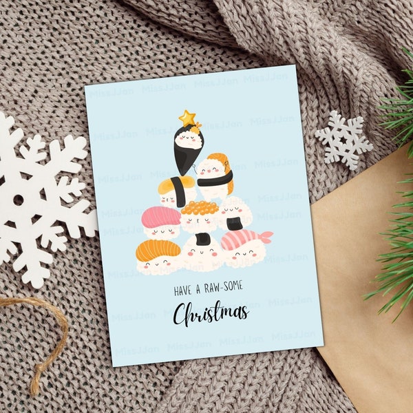 Cute Sushi Christmas Card, Christmas Pun Card, Christmas PDF Printable, Digital Download, Merry Christmas Card Instant Download