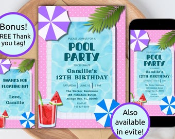 Pool Party Birthday Invitation Template, Summer Swim Party Invite, Tropical Party Invitation, Editable Printable Invite, Digital Download