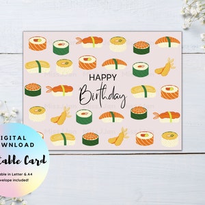 Biglietto di compleanno per sushi, biglietto di compleanno per sushi carino, biglietto di buon compleanno stampabile, biglietto di compleanno alimentare, regalo di compleanno di sushi, PDF pronto per la stampa