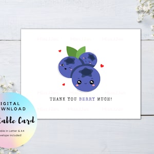 Carte de remerciement myrtille, carte de jeu de mots alimentaire, carte de remerciement Berry, carte de remerciement prête à imprimer, téléchargement numérique imprimable PDF, carte de jeu de mots fruits