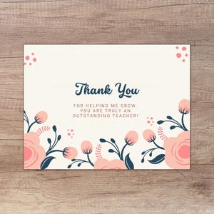 Teacher Thank You Card, Teacher Appreciation Card, Flower Thank You Card for Teacher, PDF Digital Download