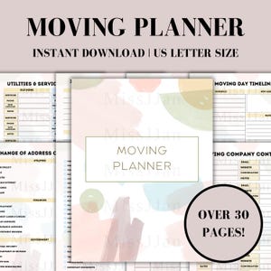 Może przedstawiać: Planer przeprowadzkowy z tekstem "MOVING PLANNER" i "INSTANT DOWNLOAD | US LETTER SIZE". Planer zawiera strony dla mediów, zmiany adresu i harmonogramów przeprowadzek. Okładka ma pastelowe akcenty.