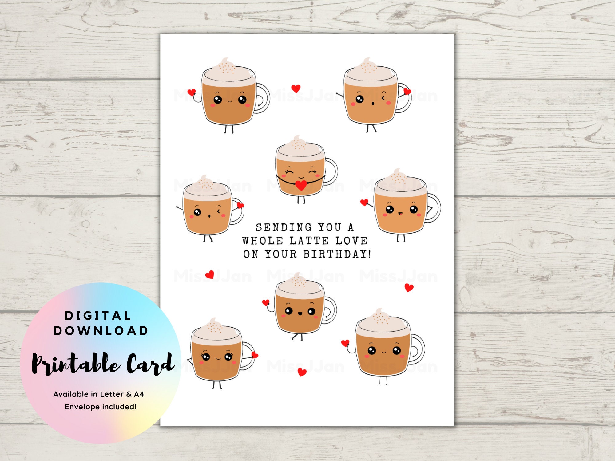 Cute Coffee Birthday Card, Cute Latte Pun Art, PDF Printable Digital