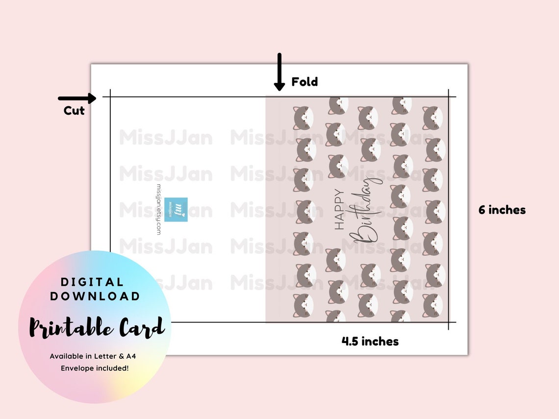 Cute Cat Birthday Card Printable Birthday Card Happy - Etsy