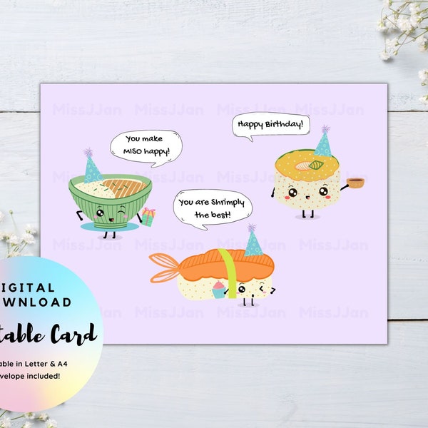 Sushi Birthday Card, Cute Japanese Food Pun Card, Happy Birthday Card, Birthday Printable, Digital Download PDF, Cute Birthday Pun Card