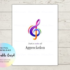 Tarjeta de agradecimiento de música, tarjeta de felicitación de música, tarjeta de agradecimiento al maestro, tarjeta de agradecimiento para el profesor de música, descarga instantánea lista para imprimir tarjeta