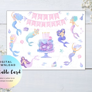 Mermaid Birthday Card, Beautiful Mermaid Birthday Card, Happy Birthday Card, PDF Digital download, Ready to Print, Magical Mermaid Card