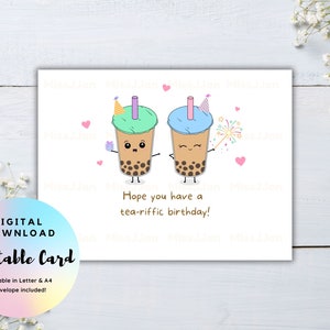 Tea-riffic Birthday Card, Birthday Pun Card Printable, Digital Download PDF, Kawaii Food Pun Card, Boba Tea Birthday Card