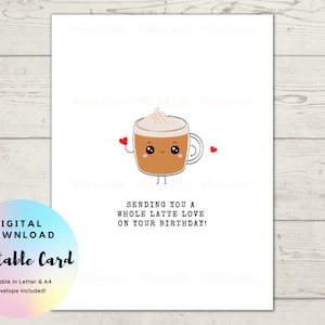 Linda tarjeta de cumpleaños de café, lindo arte de juego de palabras con leche, descarga digital imprimible en PDF, tarjeta de felicitación de juego de palabras de comida divertida, tarjeta de cumpleaños, amante del café, MissJJan