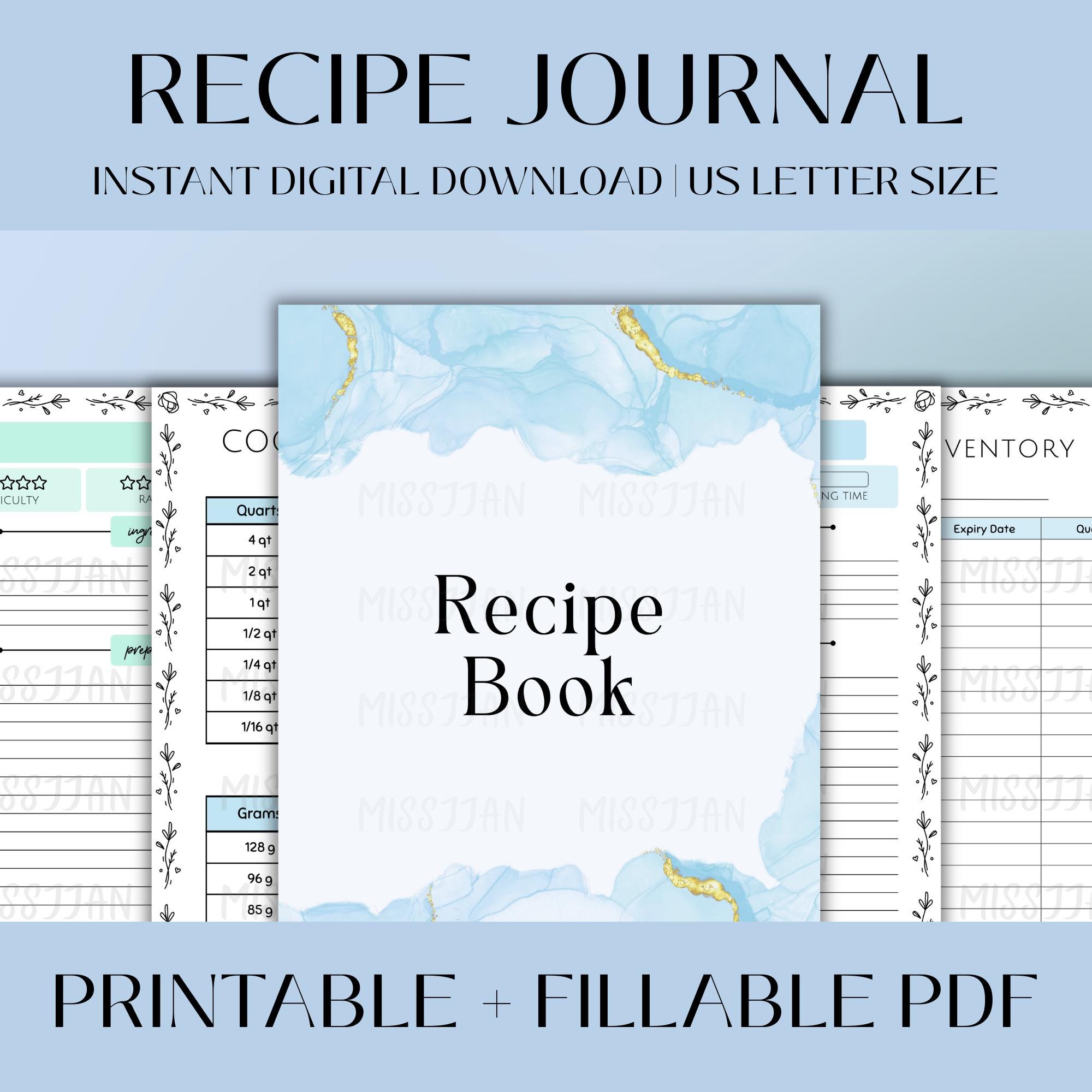 Recipe Journal Printable, Fillable Editable Recipe Book PDF, Kitchen Planner Organization Template, Recipe Binder, Instant Digital Download