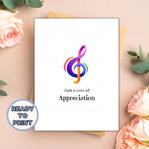 Music Thank You Card Printable, Piano Teacher Appreciation Note, Musician Gift, PDF Digital Download, Band Director Gift, Treble Clef Card