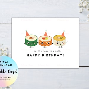 Sushi verjaardagskaart, schattige Sushi woordspeling kaart, Happy Birthday Card afdrukbare, voedsel woordspeling verjaardagskaart, Sushi verjaardagscadeau, klaar om kaart af te drukken