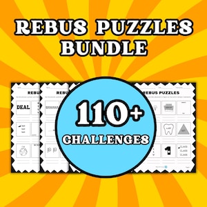 Può includere: Un pacchetto di enigmi rebus con il testo "REBUS PUZZLES BUNDLE" in alto. Un cerchio blu al centro recita "110+ CHALLENGES". Gli enigmi sono in bianco e nero e presentano indizi di parole e immagini.