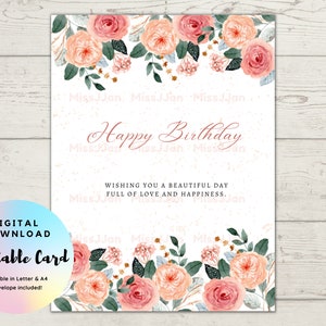 Roses Birthday Card, Happy Birthday Card Printable, Flower Birthday ...