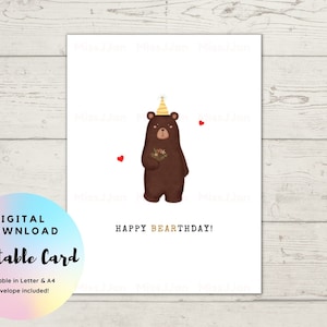Happy Bearthday Card, Bear Birthday Card, Funny Animal Pun Card, PDF Printable Digital Download, Punny Card, Bear Greeting Card, MissJJan