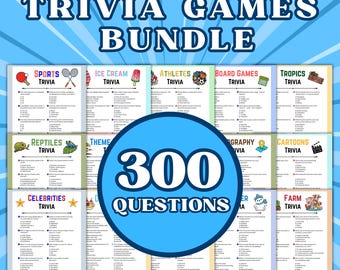 Op de afbeelding: Een trivia games bundel met de tekst "TRIVIA GAMES BUNDLE" bovenaan. De afbeelding bevat trivia kaarten over verschillende onderwerpen, waaronder sport, ijs, atleten, bordspellen, tropen, reptielen, beroemdheden en boerderij trivia. Een blauwe cirkel in het midden leest "300 QUESTIONS."