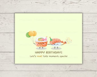 Jolie carte de jeu de mots d'anniversaire sushi, carte d'anniversaire maki, téléchargement numérique PDF imprimable, carte de jeu de mots nourriture