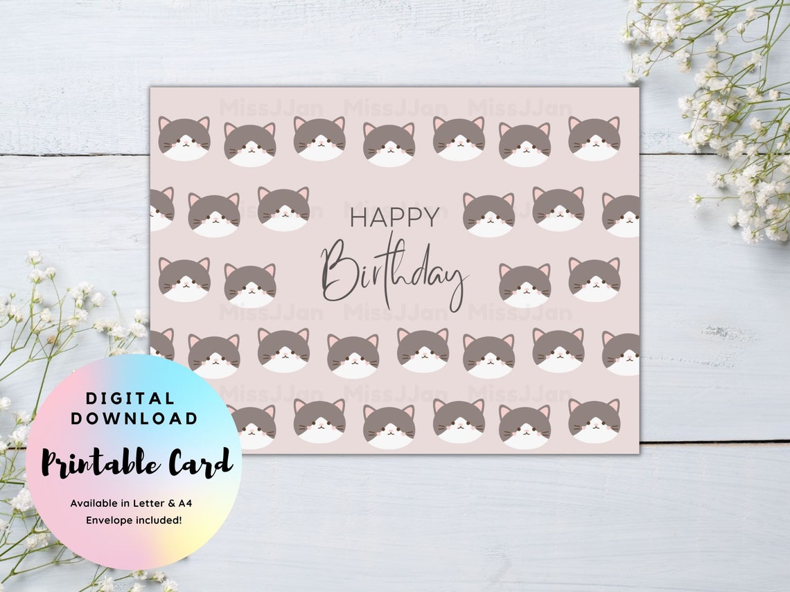 Cute Cat Birthday Card Printable Birthday Card Happy - Etsy