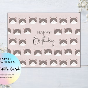 Cute Cat Birthday Card, Printable Birthday Card, Happy Birthday Card PDF Instant Download, Cat Birthday Greeting Card, Kitty Birthday Card