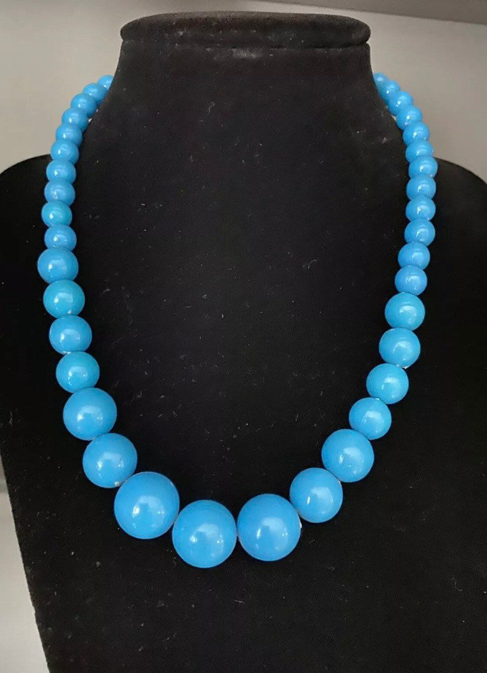 Vintage Turquoise Blue Graduated Beads Necklace Plastic Etsy