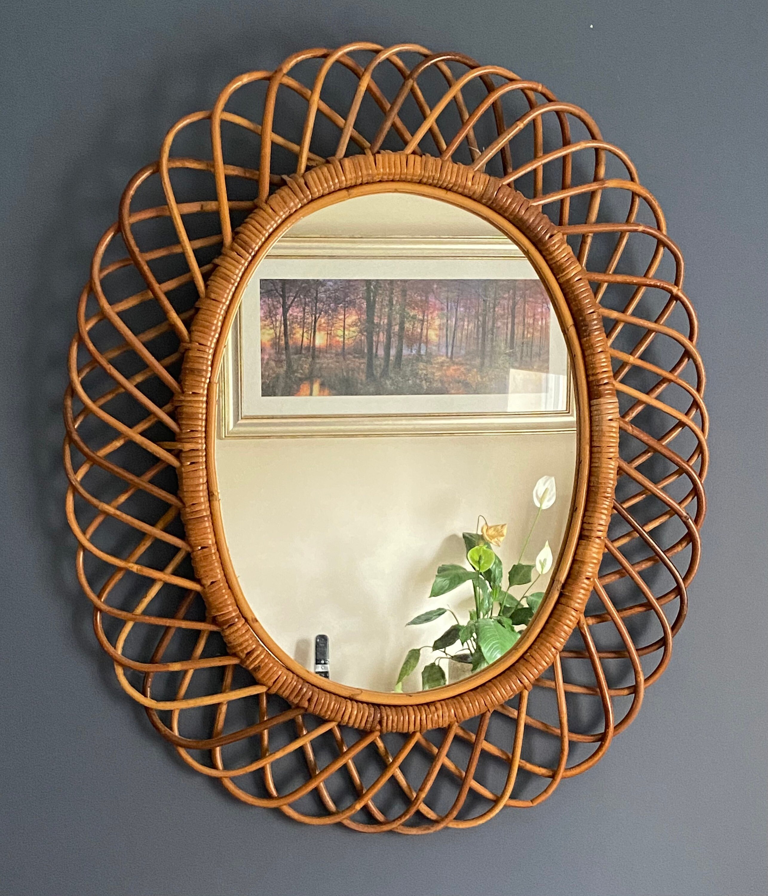 Vintage Mid Century Oval Bamboo Cane Wicker Mirror Franco Etsy