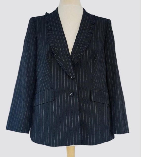 Escada, Vintage Escada Pinstripe Blazer Suit Jacket 100% Virgin Wool 90s Designer Black Striped Ruffle Lapel Dark Academia Coquette EU 46 UK 18