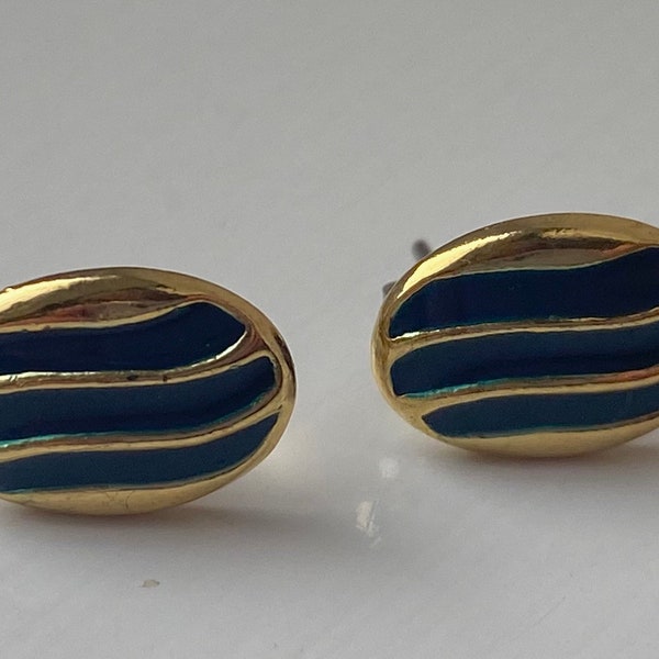 VINTAGE Oval Earrings Gold Tone Stud Pierced Retro Enamel Blue / Green Wave