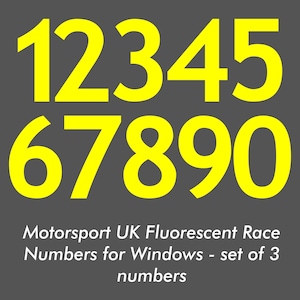 May include: Bright yellow fluorescent race numbers 1 to 0 against a dark grey background. The text below reads "Motorsport UK Fluorescent Race Numbers for Windows - set of 3 numbers."
