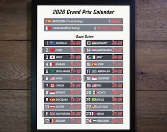 Formula 2026 Season Calendar, Wall Art Poster Print, Motorsport