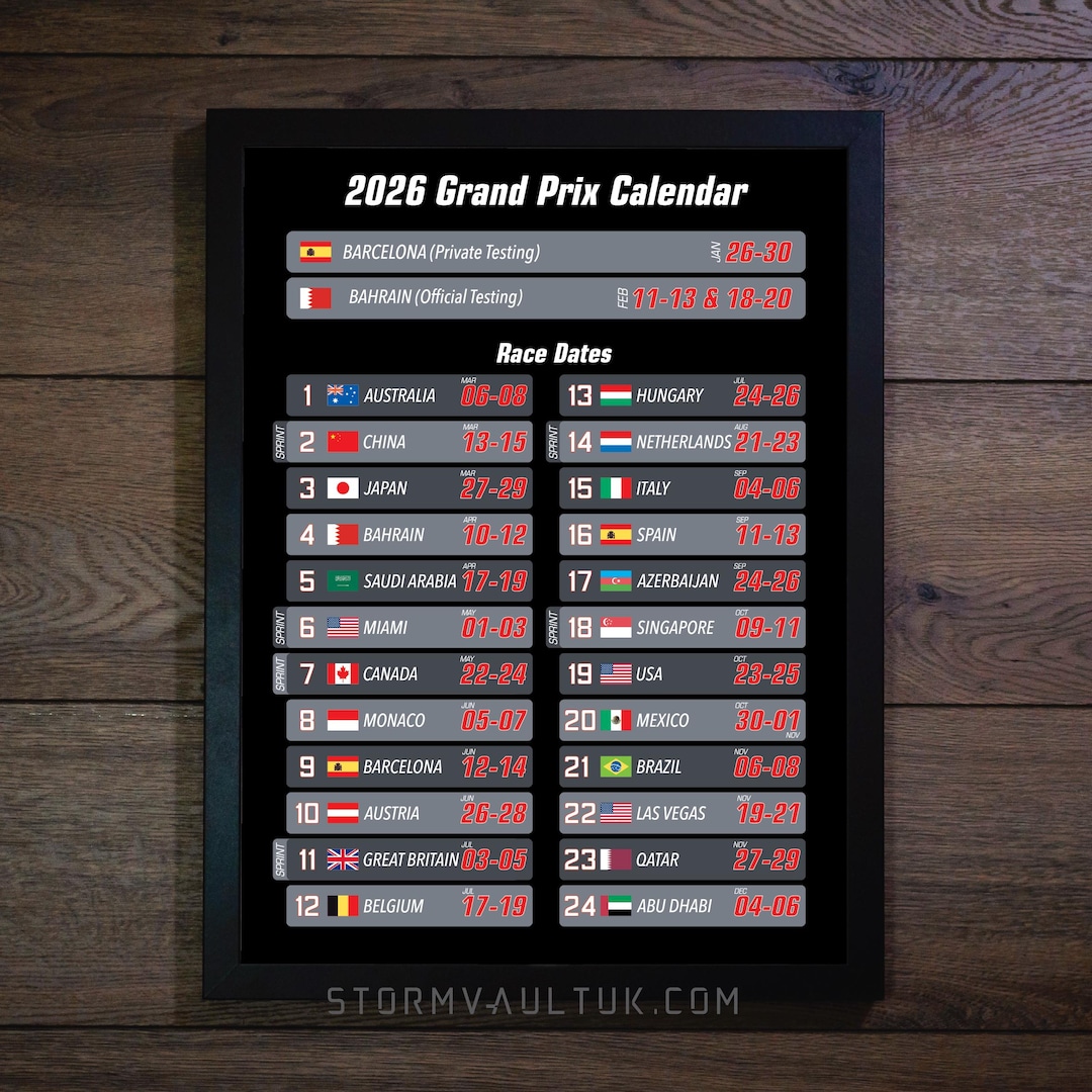 2026 Grand Prix Calendar Poster Print - Sizes A4 to A2 With Black