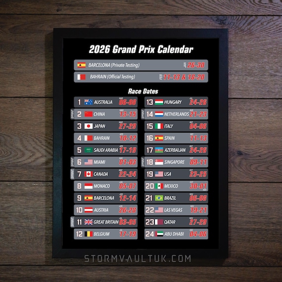 2026 Grand Prix Calendar Poster Print - Sizes A4 to A2 With Black