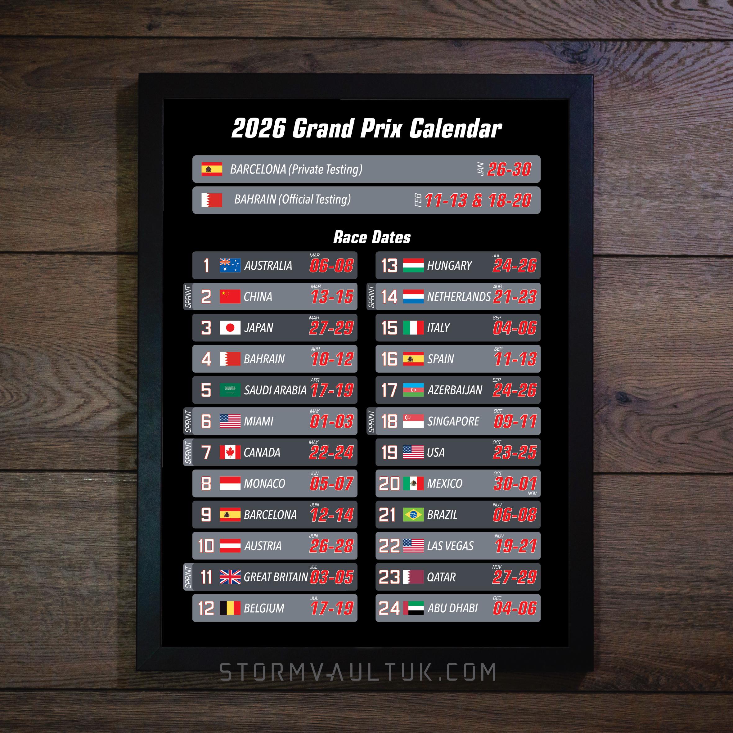2026 Grand Prix Calendar Poster Print - Sizes A4 to A2 With Black